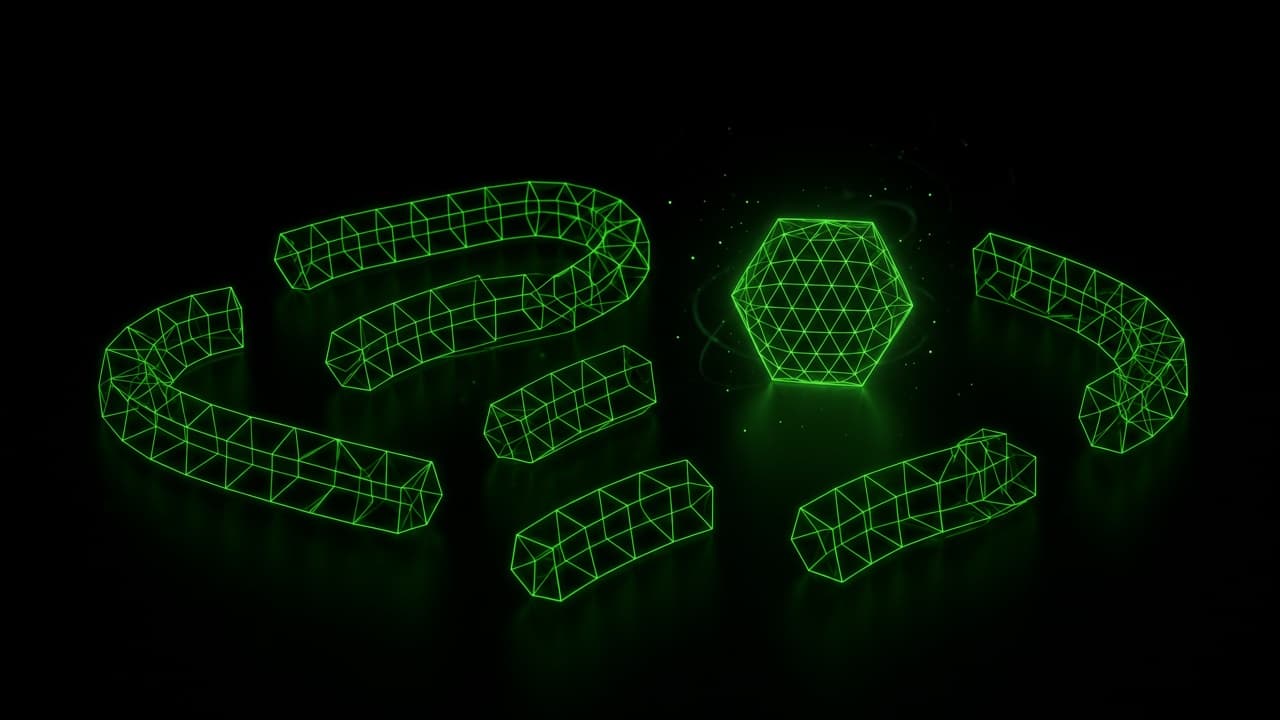 Scattered neon wireframe segments on black.