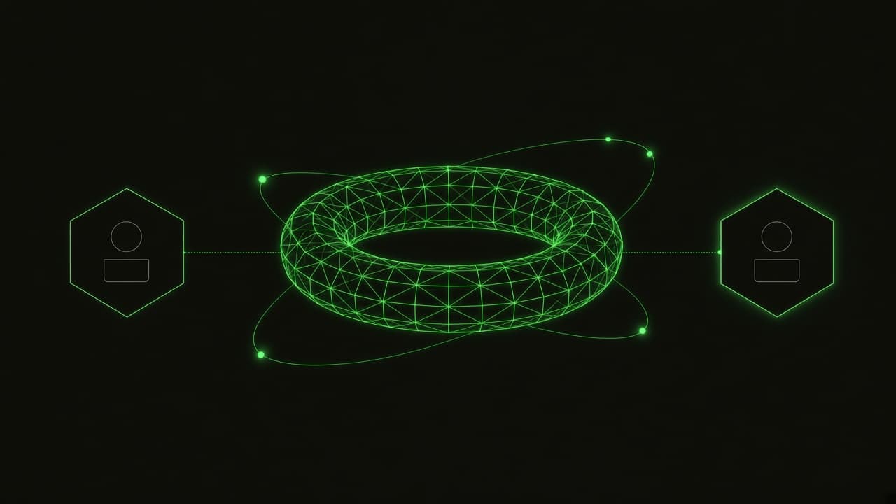 Wireframe halo between two hexagonal nodes.