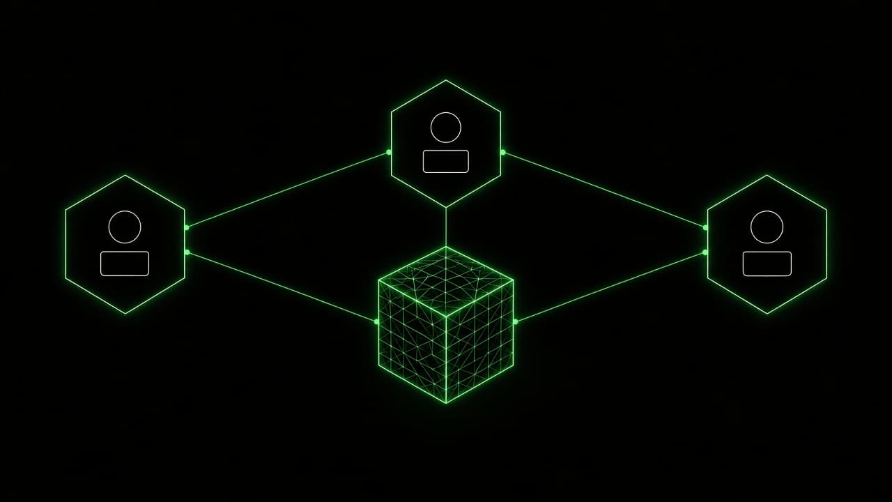 Three hexagonal nodes linked to a wireframe cube.